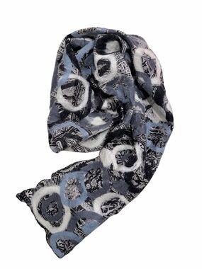 Wool Silk Nuno Scarf Blue Gray Ivory Abstract Circles Felted Handmade 12”x70”
